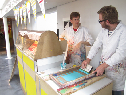 The co-founder of Trykkeriet print studio, Bergen, seeks squeegee advice from the co-director of the HFP